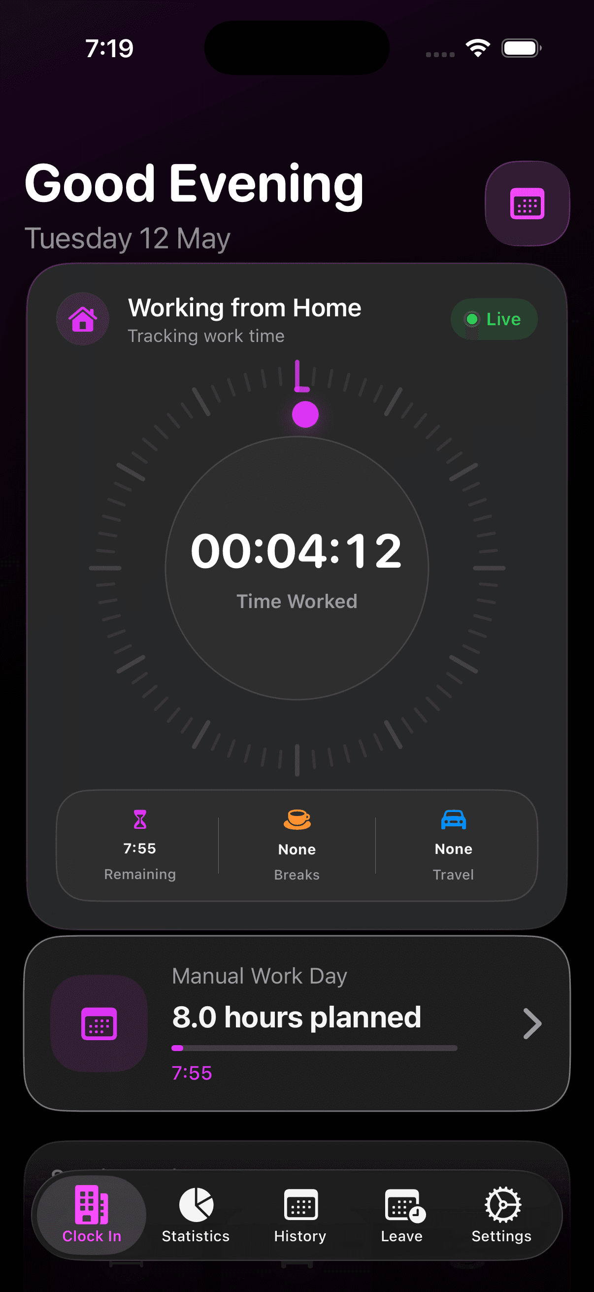 WorkPlace time tracking overview screen